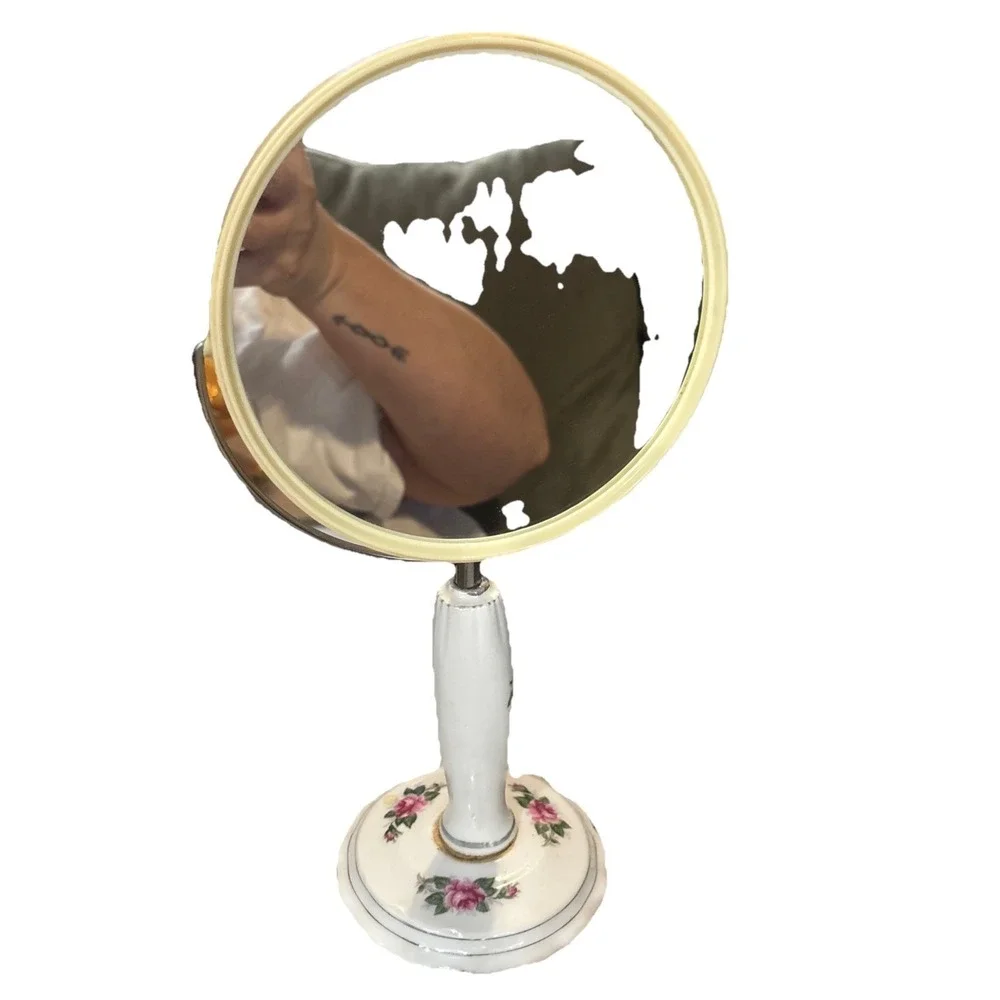 Ceramic Rose Floral Double Sided Standing Vanity Makeup Mirror-VTG